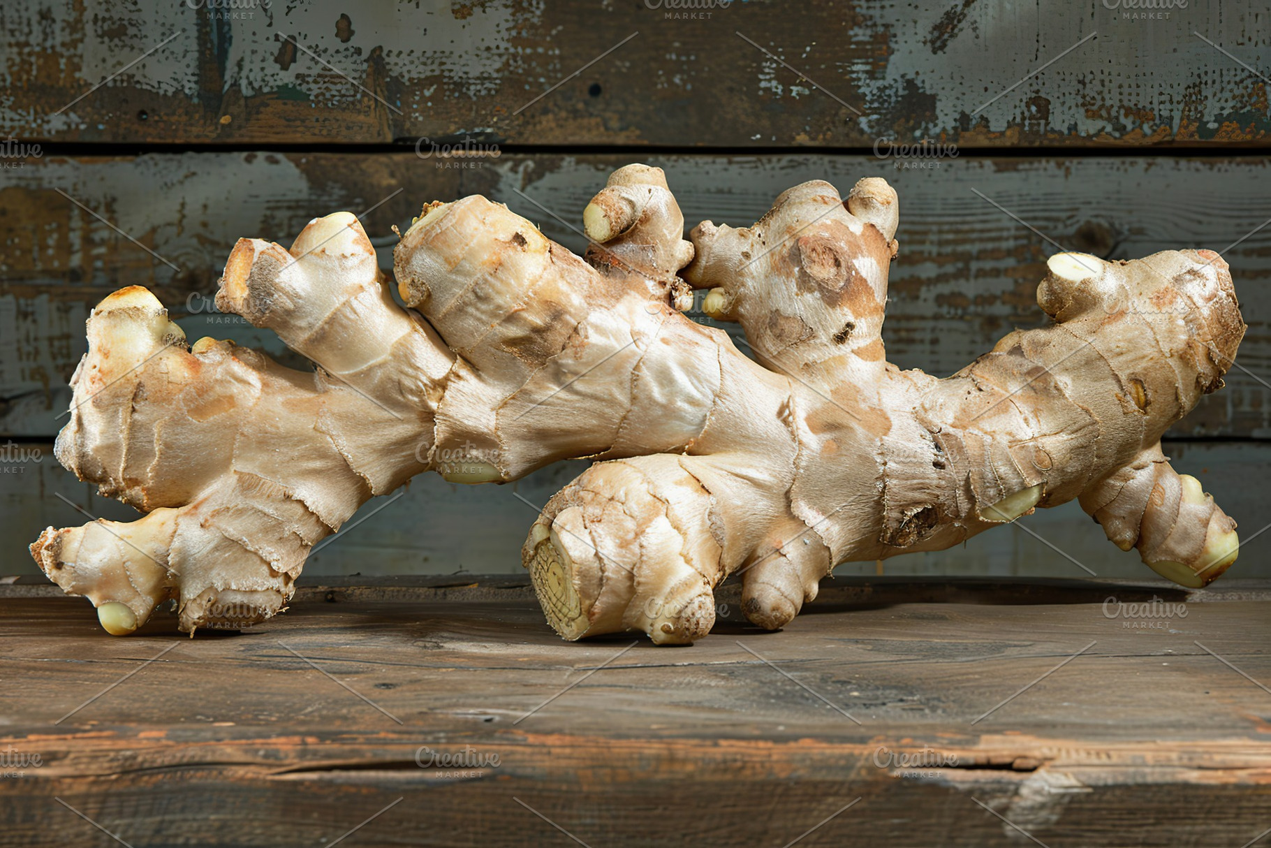 Fresh ginger root on wooden table, a Food & Drink Photo by AlyaAnd