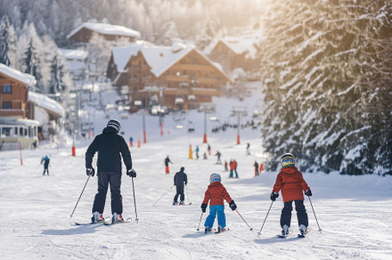 A family enjoying a winter getaway, a Photo by Pavel_design
