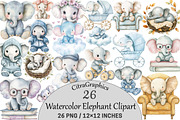 Watercolor Elephant Clipart, an Illustration by CitraGraphics (Thumbnail 1 of 5)