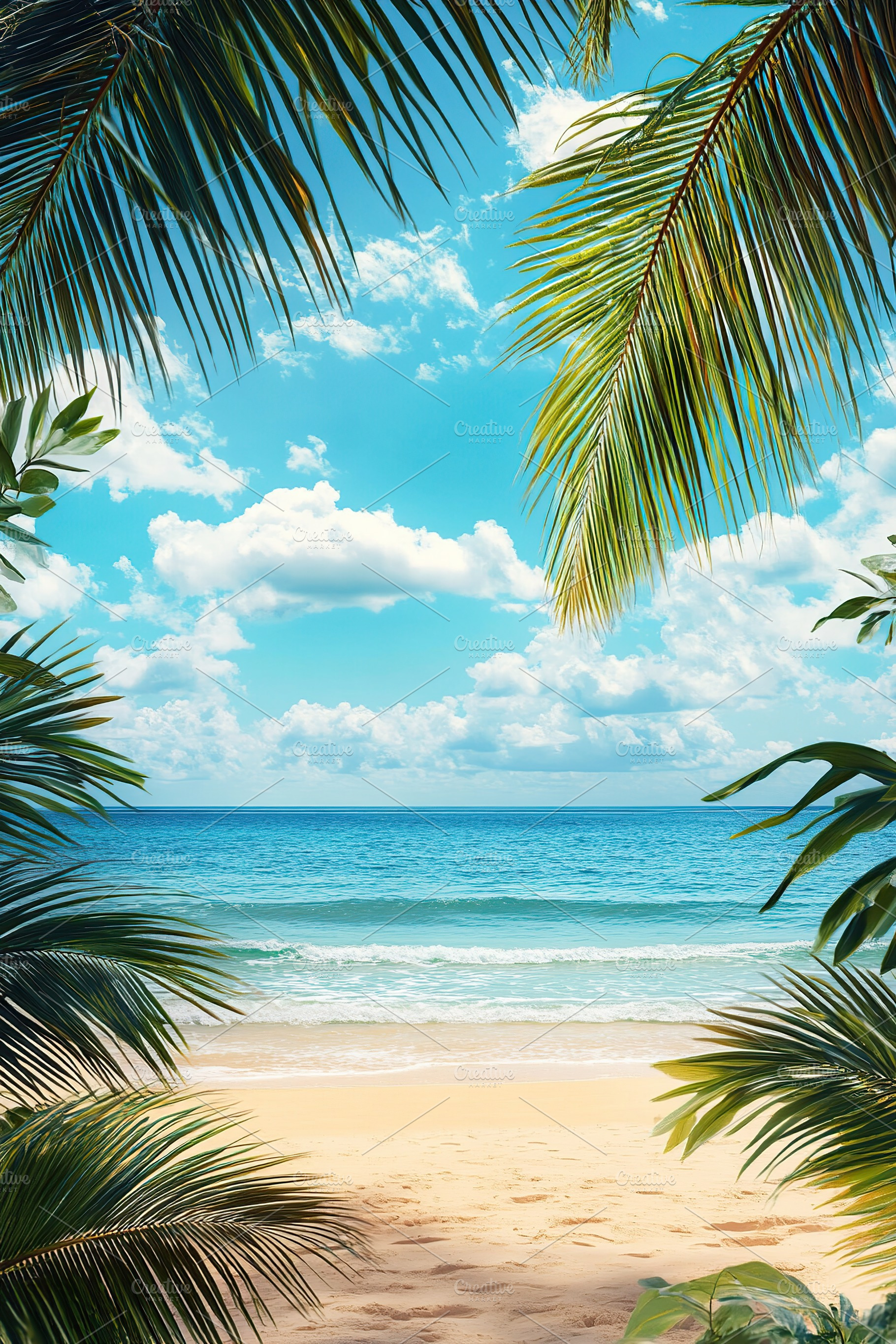 Summer beach day with clear skies and gentle waves under tropical palm trees, a Photo by AlyaAnd