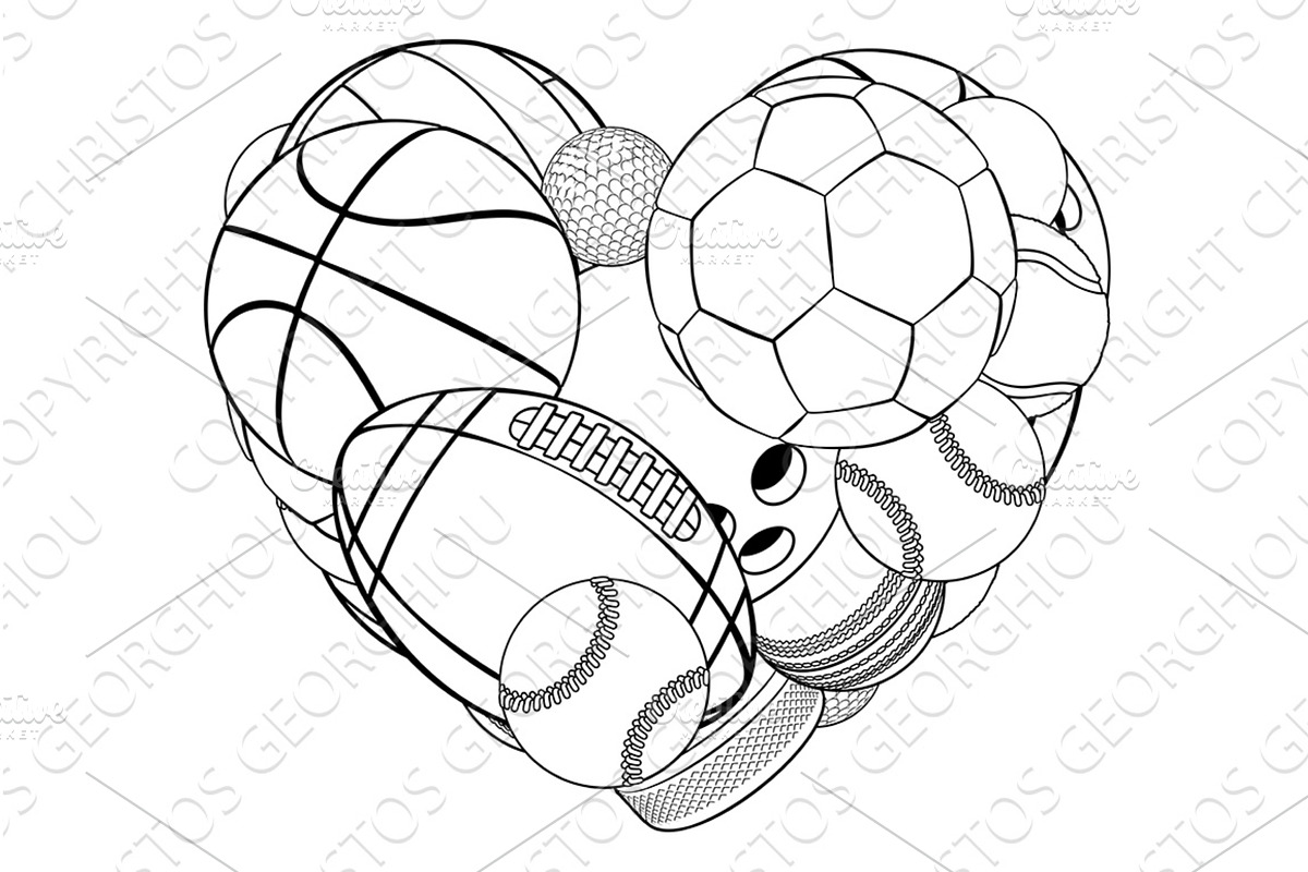 Sports Lover Fan Cartoon Heart Balls, a Sport Illustration by Christos Georghiou