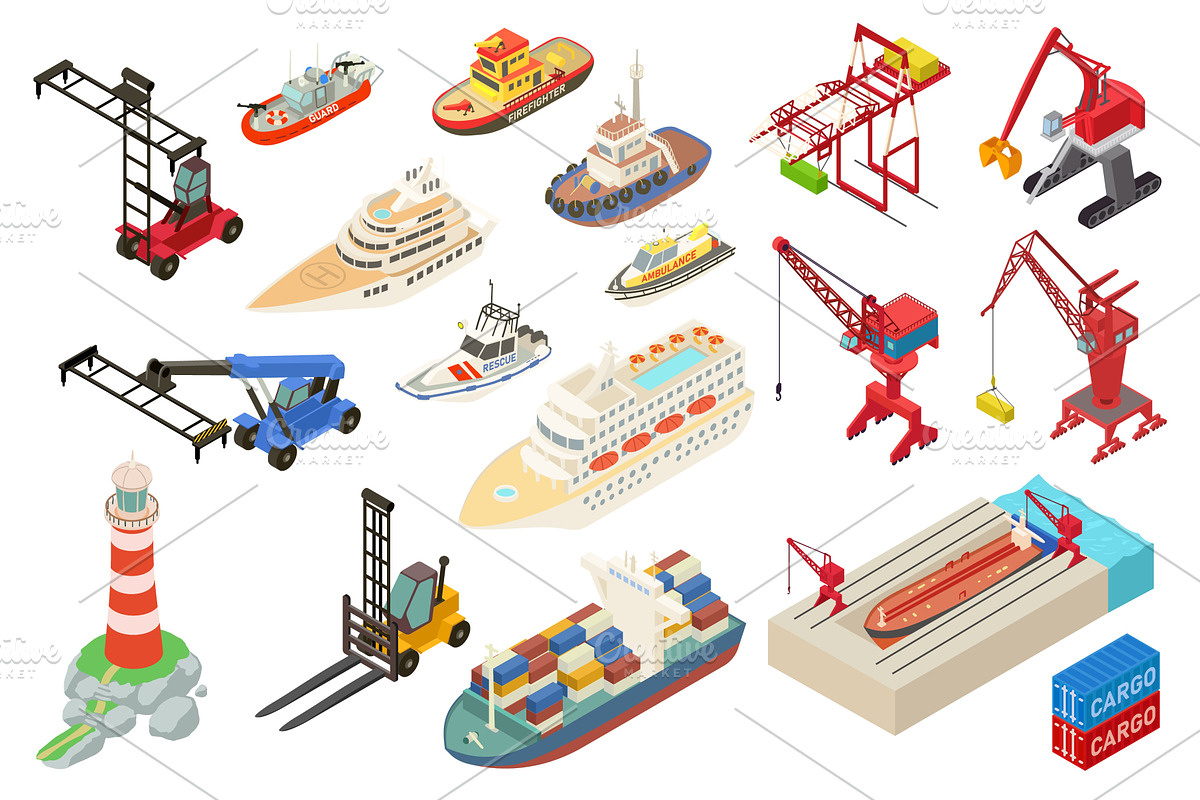 Marine port icons set, isometric, a Transportation Illustration by Ylivdesign