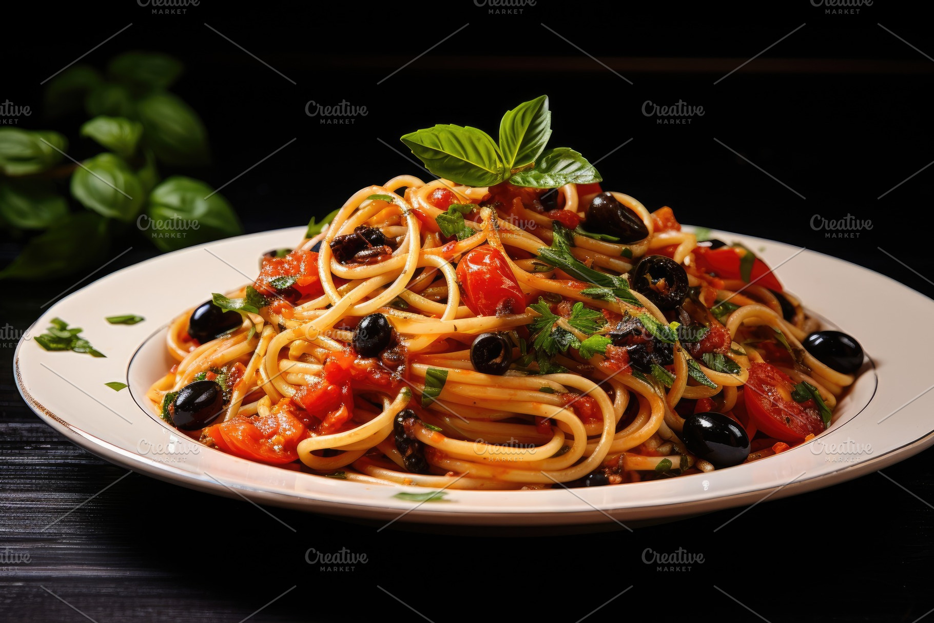 Spaghetti with tomatoes, olives and, a Photo by Iftikhar Alam