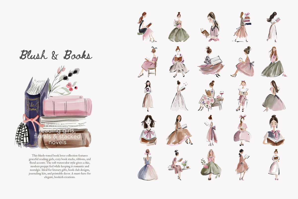 Blush Book Lover Clipart Bundle, a Decorative Illustration by Patishop Art (Photo 5 of 14)