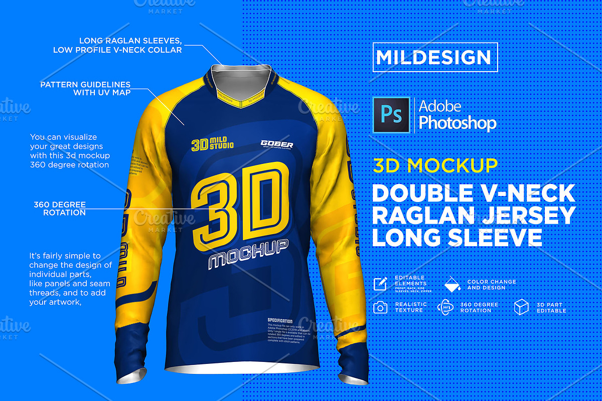 3D Double V-Neck Raglan Jersey LS, a Shirt Mockup by Mildstudio (Photo 2 of 8)