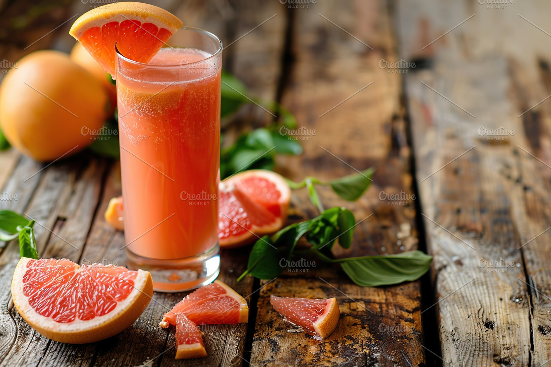 Glass of grapefruit juice with fresh fruit on wooden table, a Food & Drink Photo by AlyaAnd