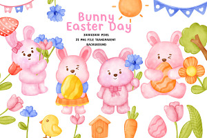 Cute Easter Bunny Watercolor Bundle, an Animal Illustration by Nattapohncha