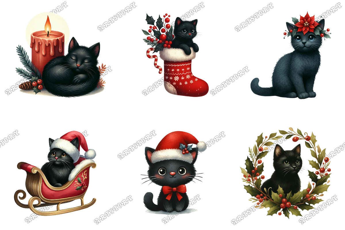 Quirky Christmas Black Cat Clipart, an Illustration by designcity5 (Photo 2 of 5)