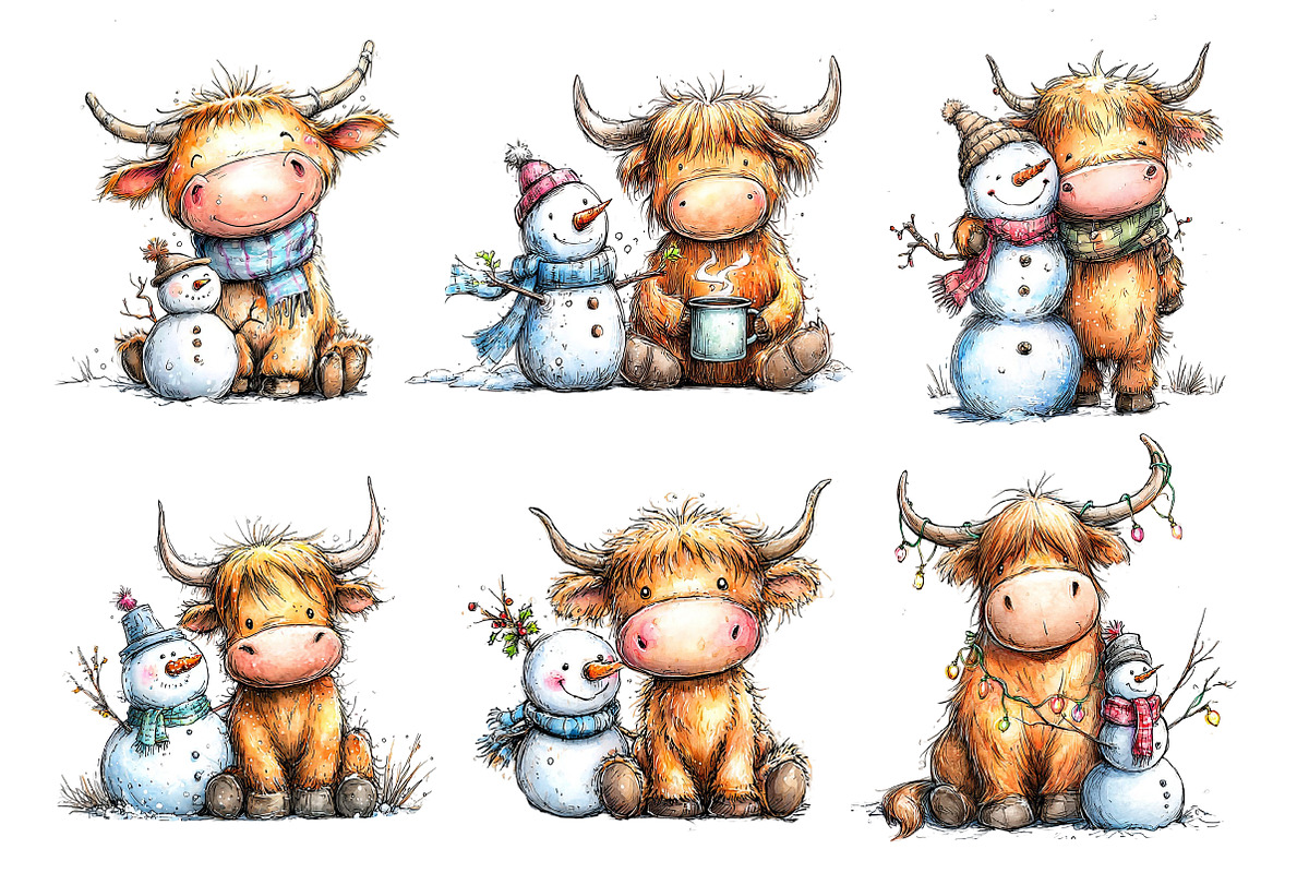 Highland cow and snowman clipart, an Illustration by Designworld (Photo 2 of 3)