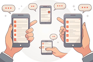 Multiple hands texting on smartphones showing checklists and chat bubbles, a Photo by AS photostudio