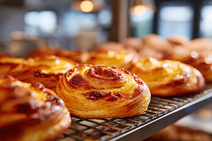 Danish pastries filled with apricot and cream displayed in a bakery setting, a Food & Drink Photo by AlyaAnd
