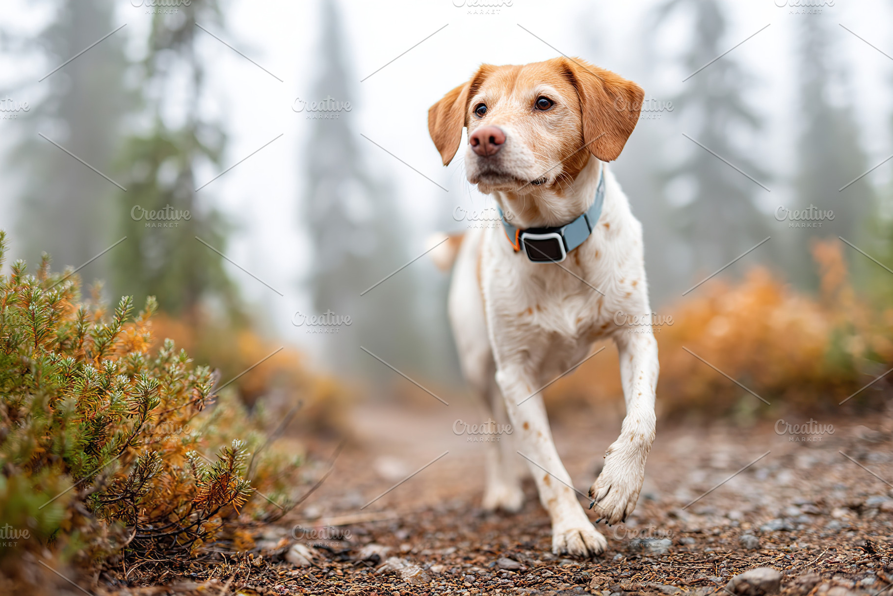Dog exploring a misty forest trail with a smart GPS collar on sunny afternoon, an Animal Photo by AlyaAnd