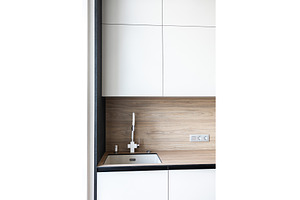 Minimal white kitchen sink with wood, an Architecture Photo by wip3out