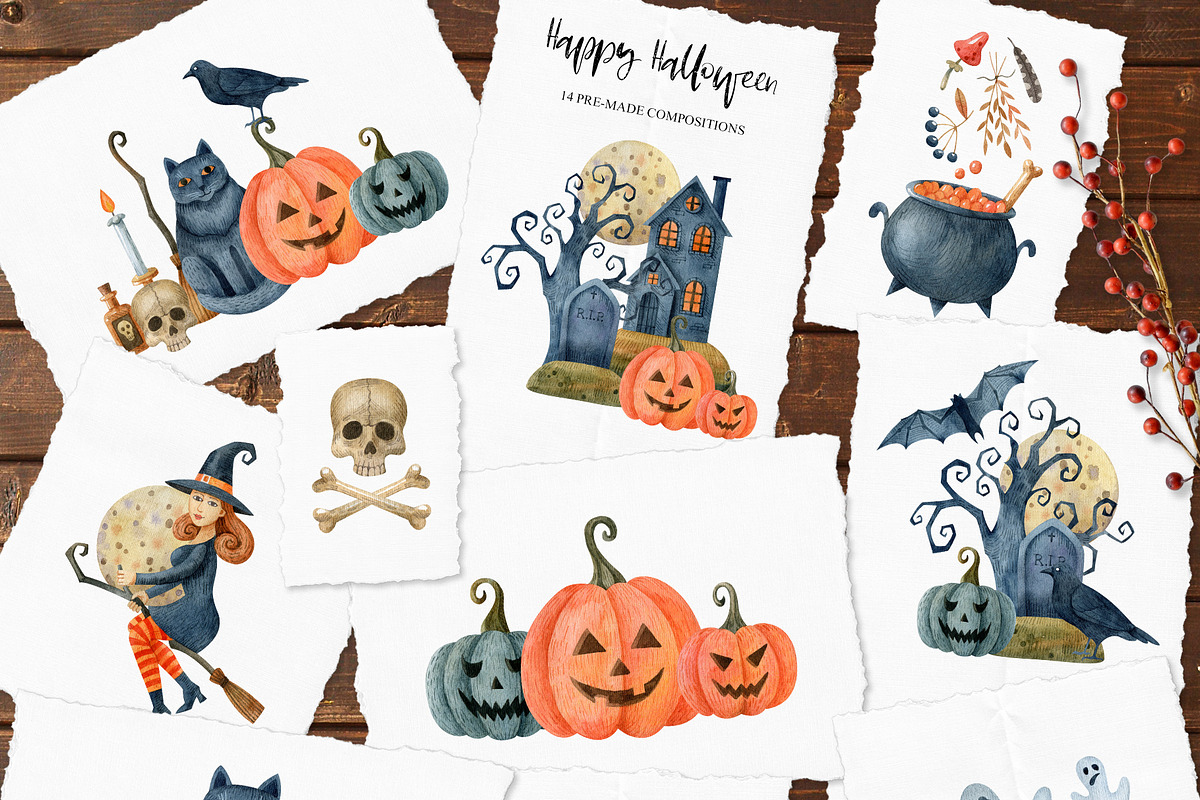 Happy Halloween watercolor set, a Decorative Illustration by Natalia Fedorova (Photo 3 of 14)