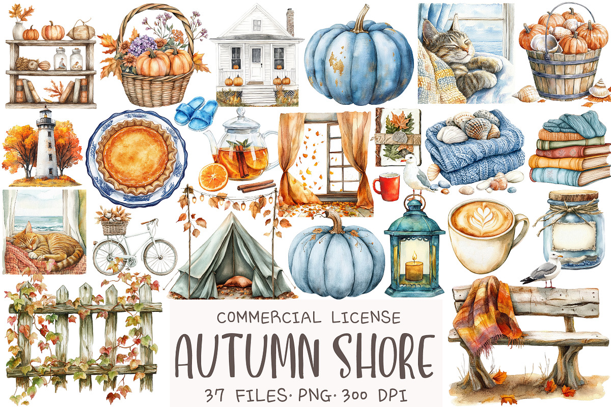 Watercolor Autumn Shore Clipart, an Illustration by OK Design (Photo 1 of 5)