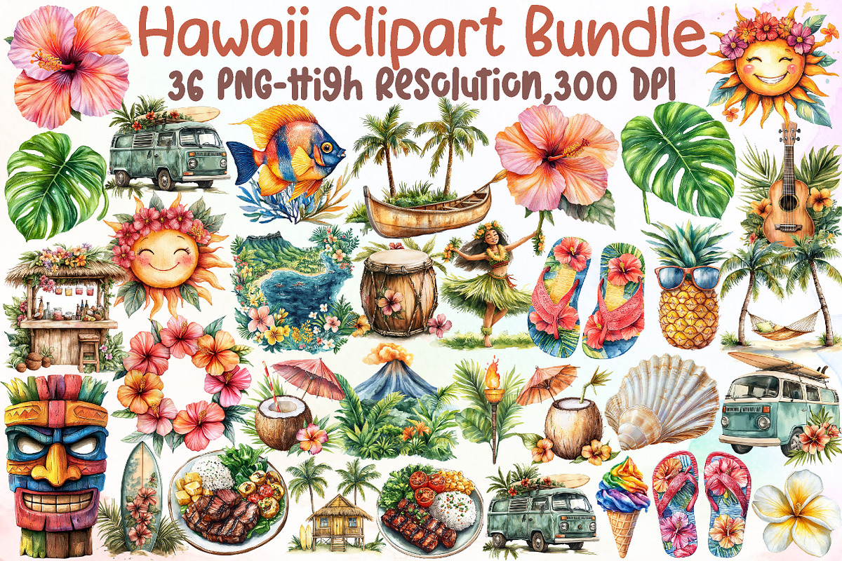Watercolor Hawaii Clipart Bundle, an Illustration by Sublimation Artist (Photo 1 of 6)
