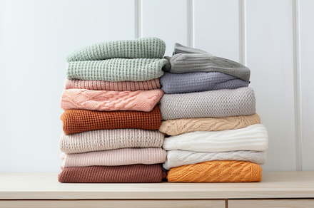 Stacks of knitted sweaters on white wooden background, a Beauty & Fashion Photo by AlyaAnd