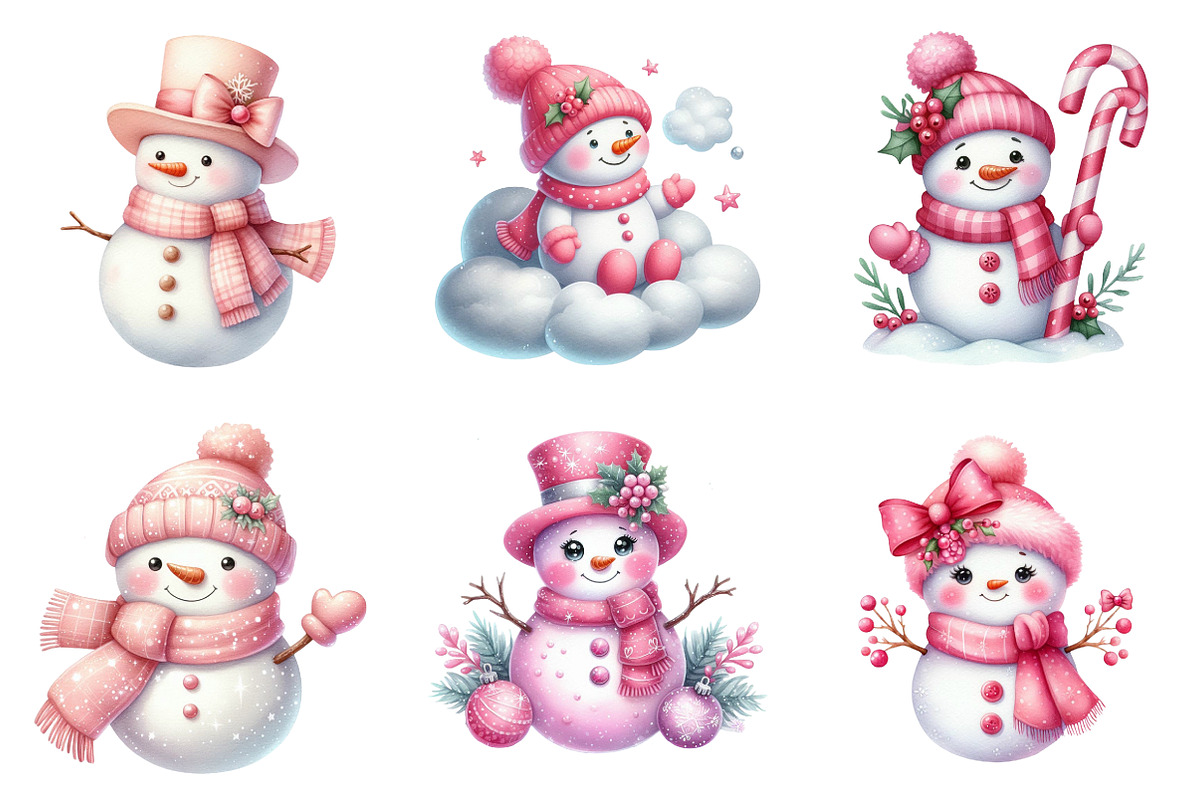 Watercolor Pink Snowman Clipart, an Illustration by SinaCreation (Photo 5 of 7)