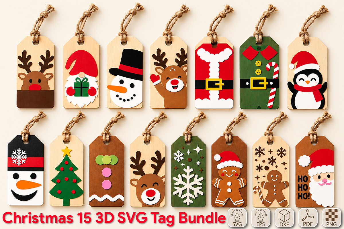 Christmas Gift Tag 3D SVG Bundle, an Object 3D Model by Canvas Craft (Photo 1 of 4)