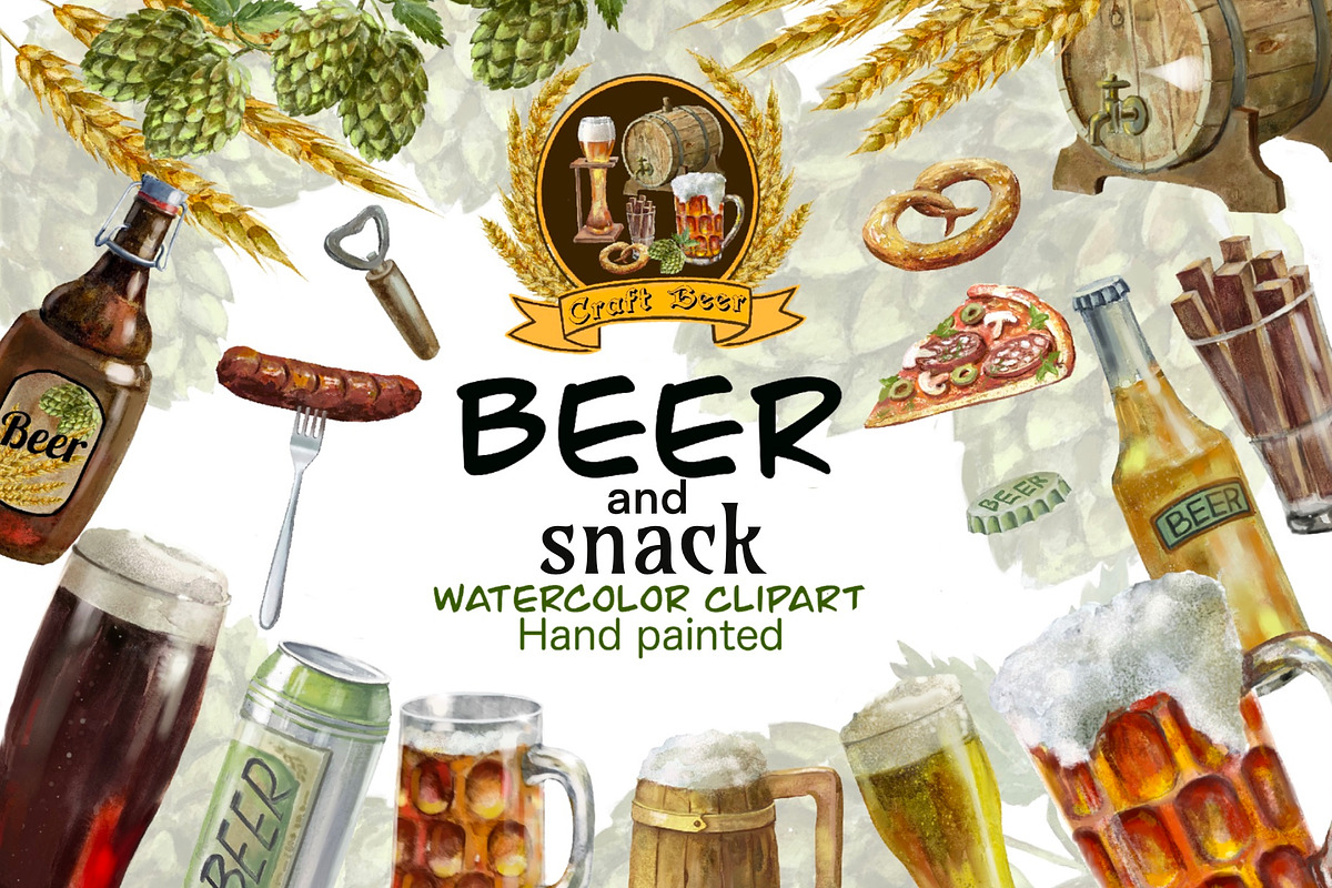 Beer and snacks watercolor set., a Food Illustration by AkvarelRiver (Photo 1 of 7)