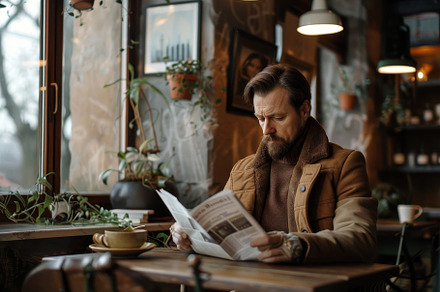 In a cozy cafÃ with greenery, a man, a Photo by Tanuart