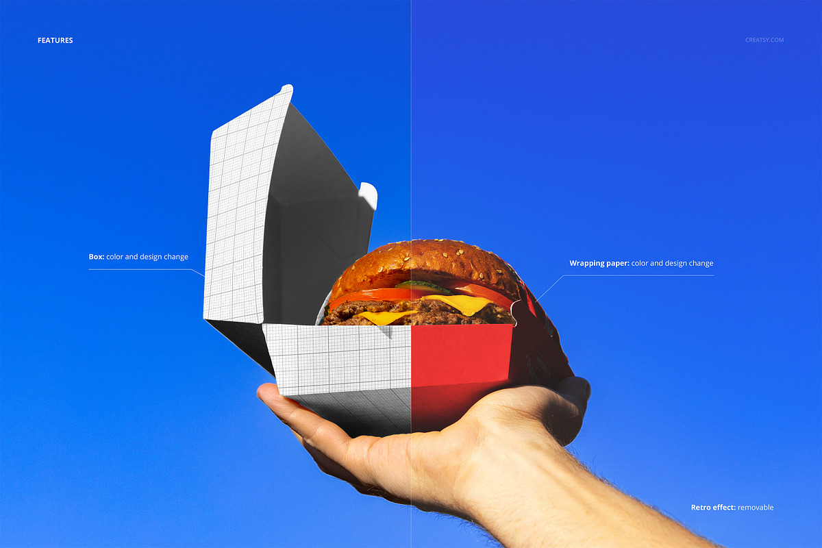 Hand Holding Open Burger Box Mockup, a Packaging Mockup by creatsy5