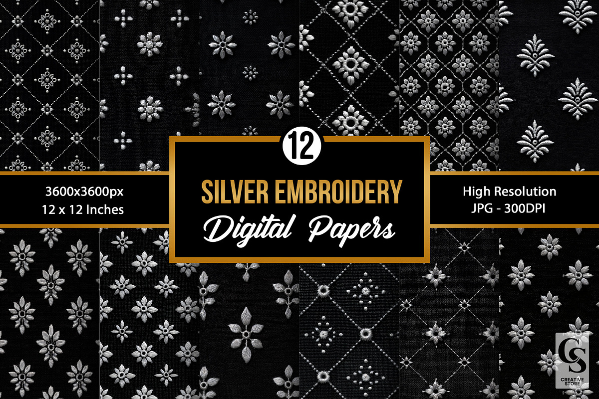 Silver Black Embroidery Patterns, a Pattern Graphic by Creative Store (Photo 1 of 5)