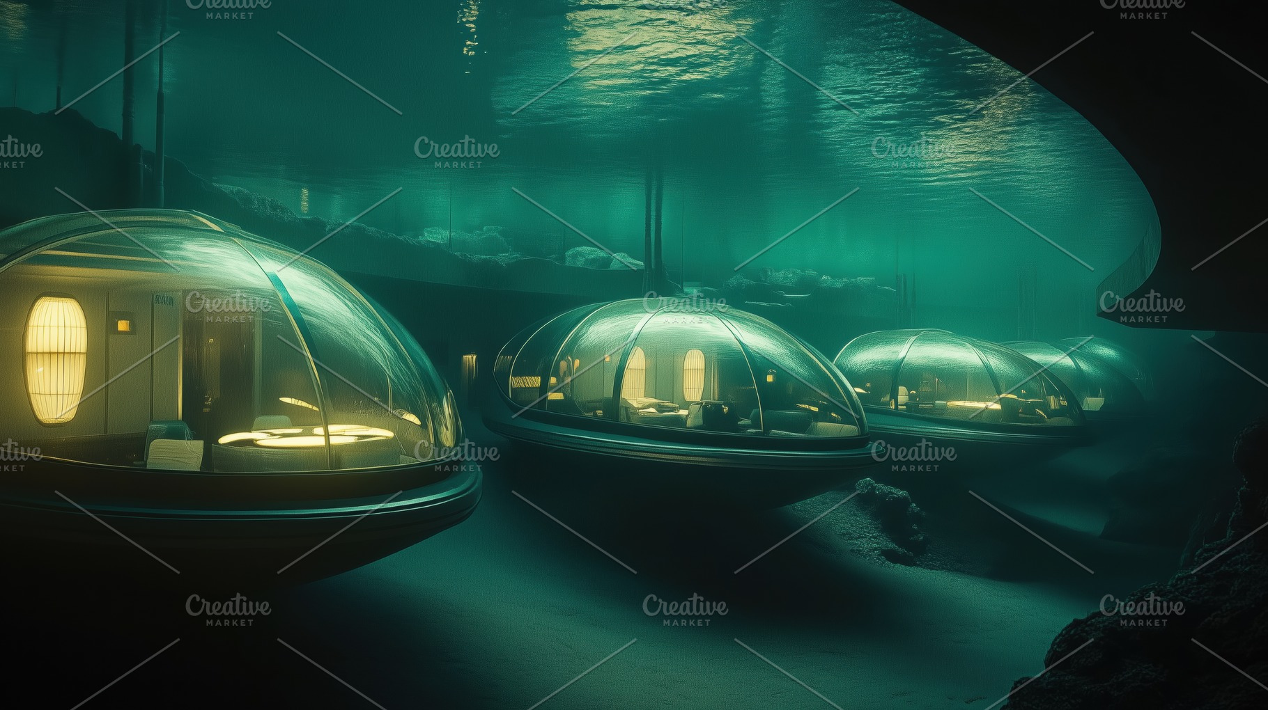 Futuristic underwater hotel rooms with transparent domes, surrounded by serene, an Arts & Entertainment Photo by Textures & Backgrounds
