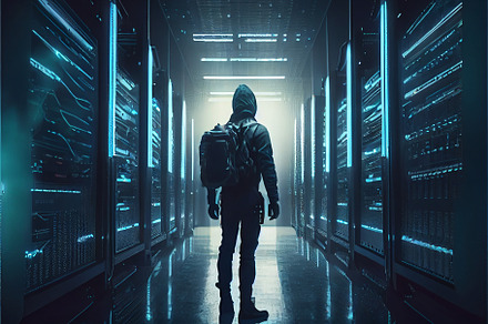 Cloud service engineer standing in front of a digital technology data center in, a Technology Photo by Olyryk & Aglo