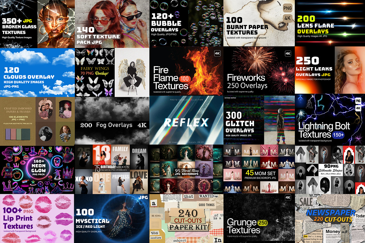 Mega Overlays Bundle, PNG/JPG bundle, a Texture Graphic by Chipshpow Graphics (Photo 2 of 8)