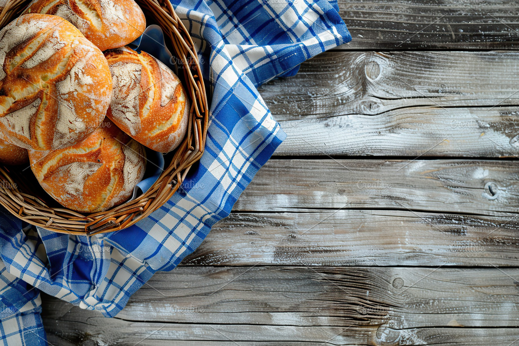 Flat lay of freshly different baked bread in basket with napkin on wooden table, a Food & Drink Photo by AlyaAnd