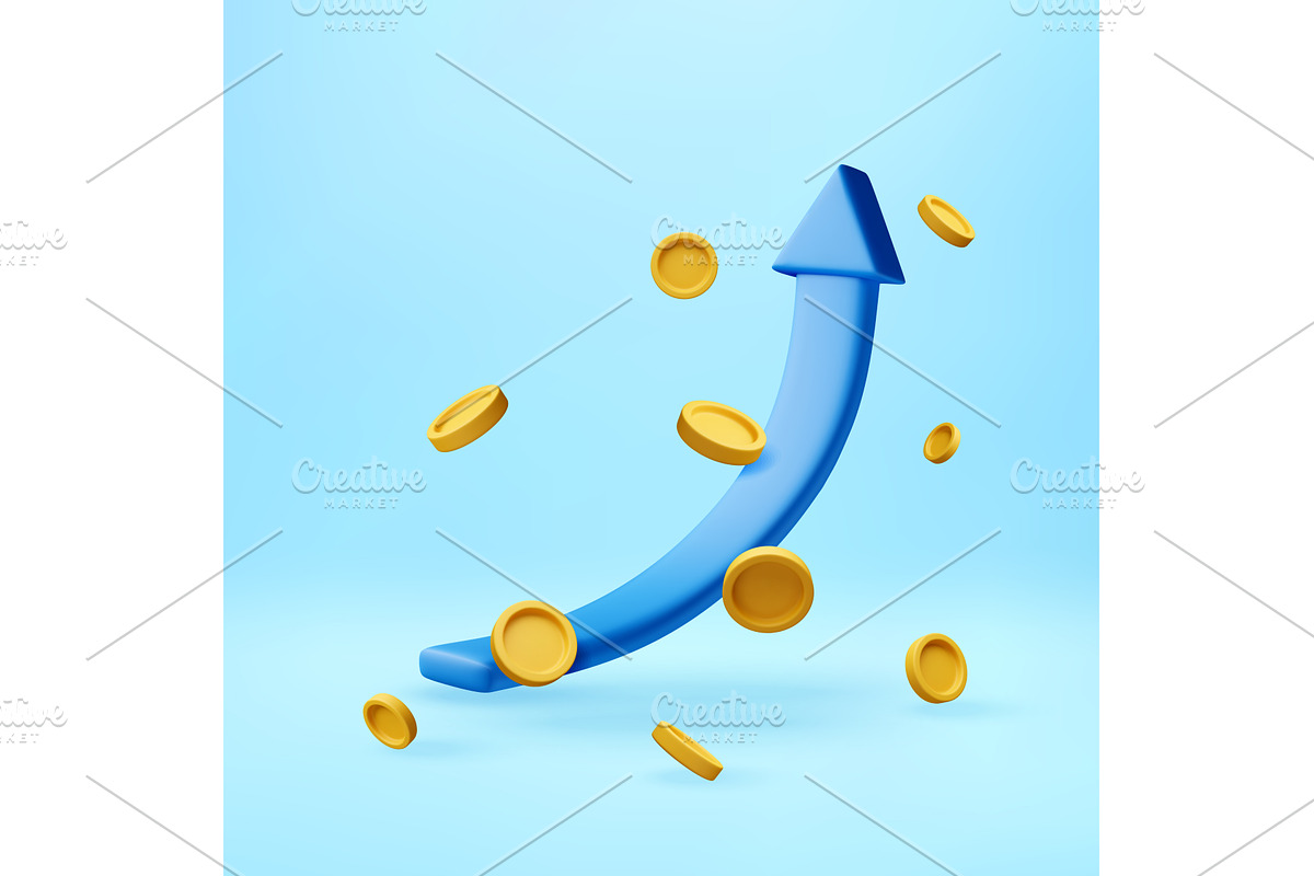 3D Blue arrow rising with gold coin., a Finance Illustration by Abscent