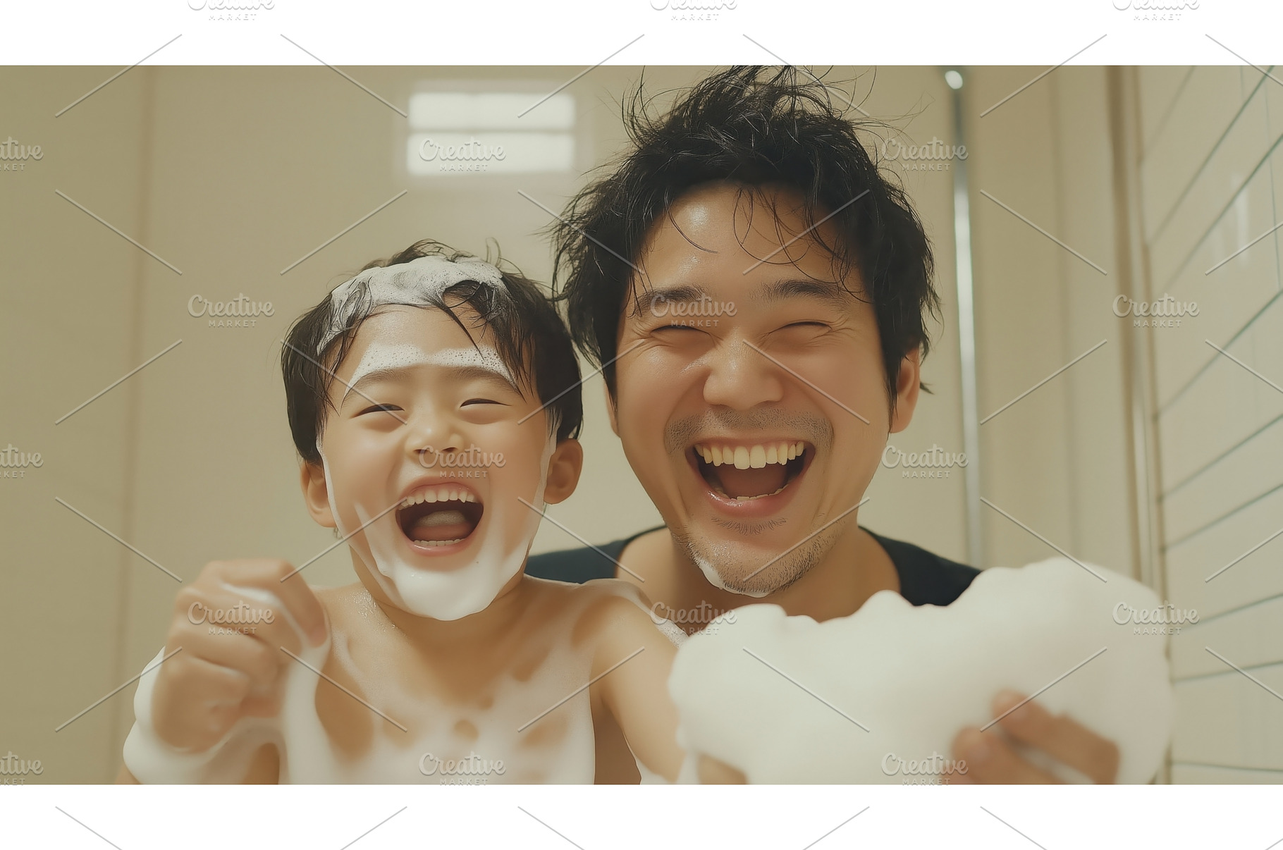 Asian father and son laughing, an Architecture Photo by Sergey Kotenev