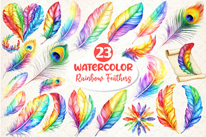 Rainbow Watercolor Feathers Clipart, an Illustration by Dream Creation