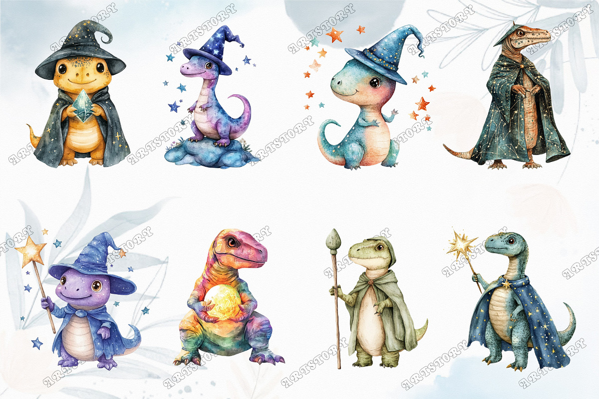 Watercolor Wizard Dinosaur Clipart, an Illustration by designcity5 (Photo 2 of 5)