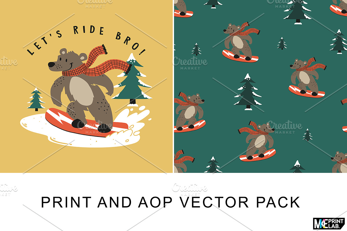 CUTE SNOWBOARDER BEAR PRINT PACK, a Sport Illustration by MKE Print Lab.