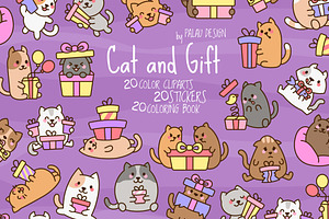 Cat Gift Box Clipart Set, an Animal Illustration by Palau