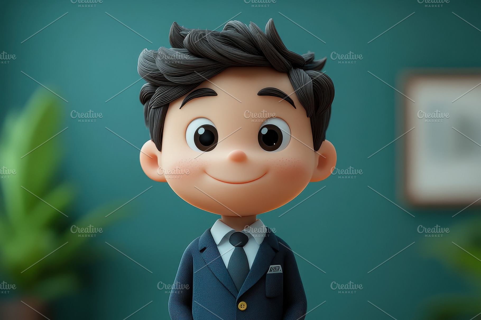 Smiling animated character in a suit, a Photo by Tanuart