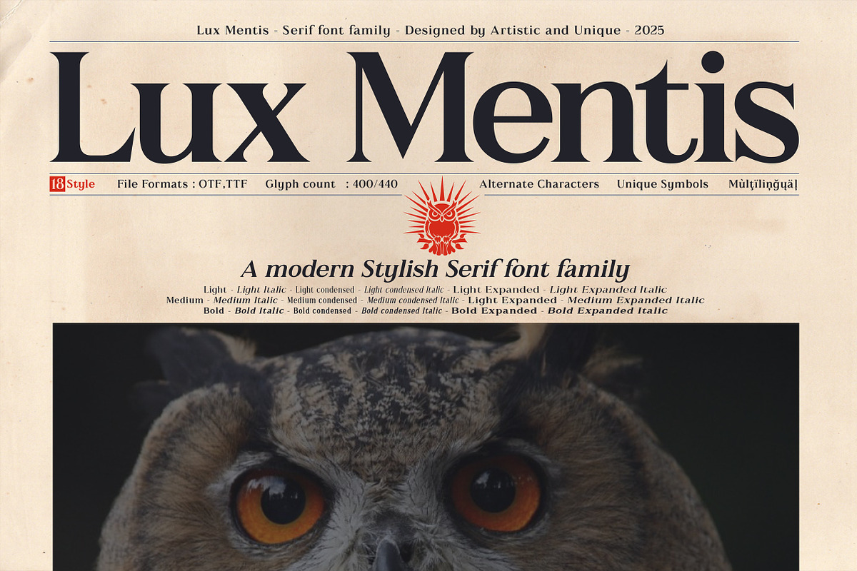 Lux Mentis - Serif Font Family, a Serif Font by Artistic & Unique (Photo 1 of 15)