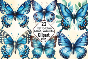 Retro Blue Butterfly Watercolor, an Illustration by CraftArtStudio
