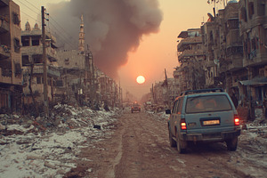 Damaged urban street at sunset in a war zone with destroyed buildings, smoke ri, a Photo by AS photostudio