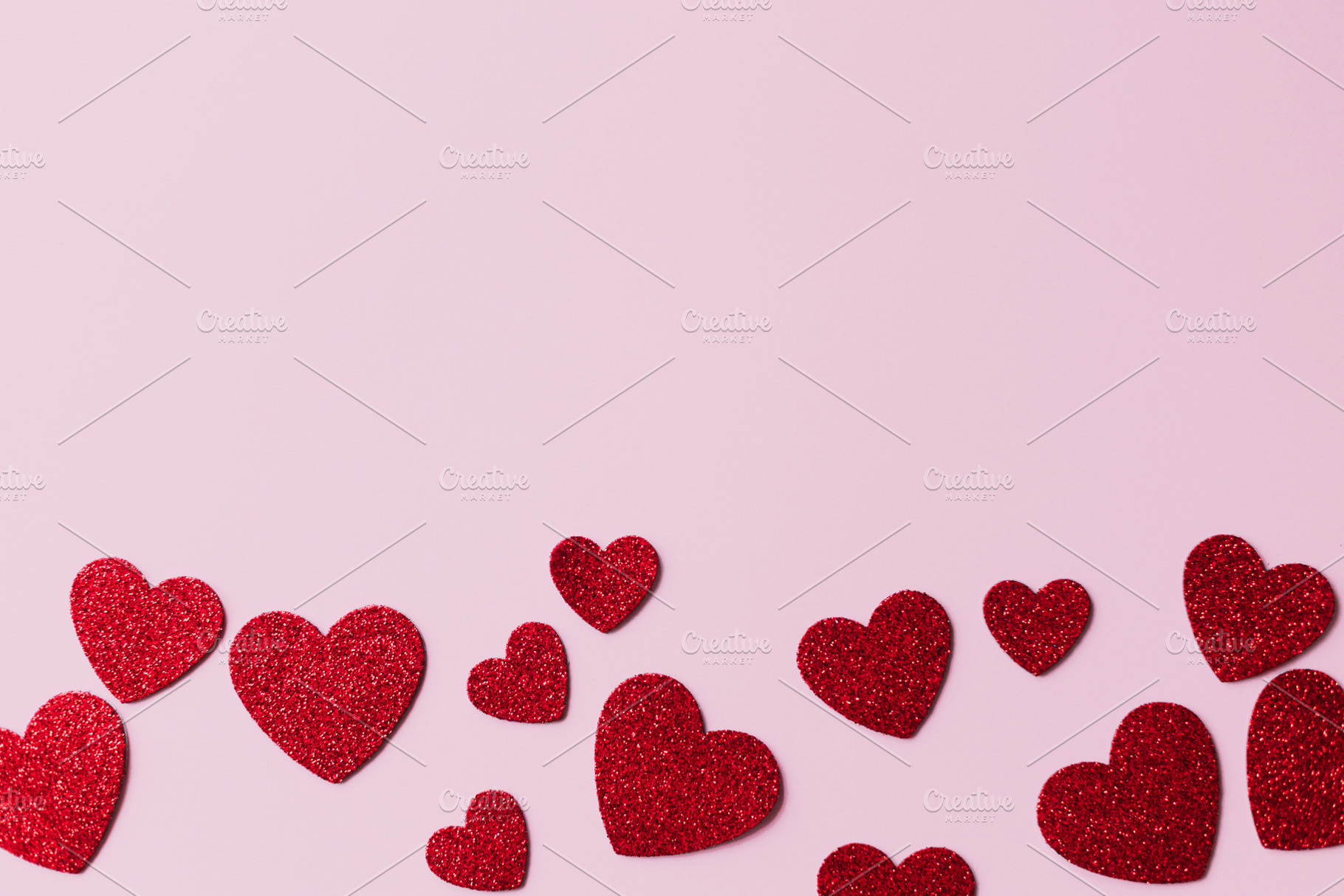 Happy Valentine's day! Stylish red glitter hearts flat lay on pi, a Holiday Photo by Sonjachni