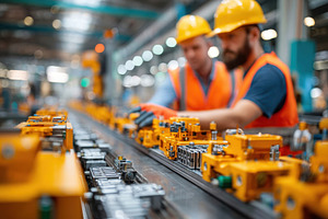 Workers in a factory focusing on machinery, an Industrial Photo by AlyaAnd