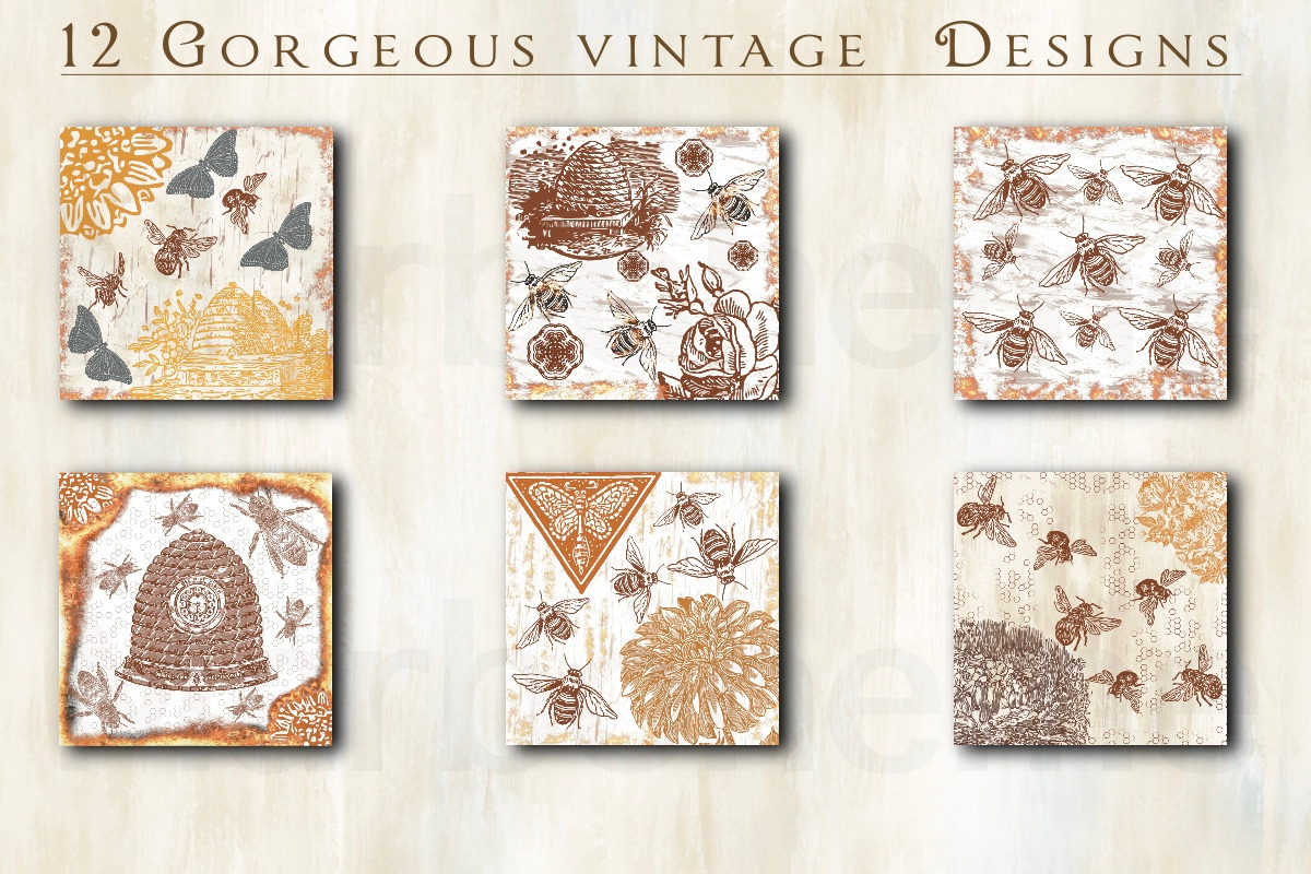 Vintage Honey Bee Digital Papers, a Texture Illustration by Luna Y Mar (Photo 2 of 9)
