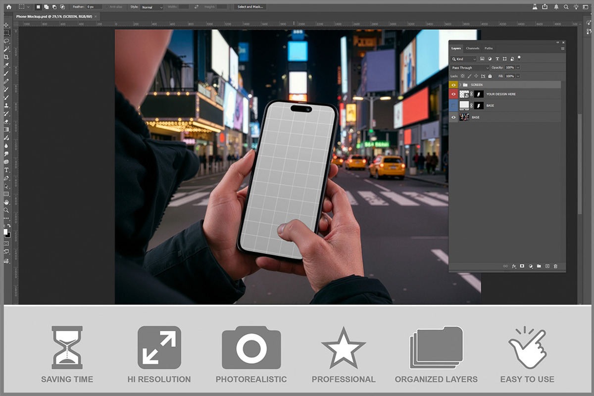 Smartphone At Night In City Scen PSD, an iPhone Mockup by Bruno's Shop (Photo 2 of 3)