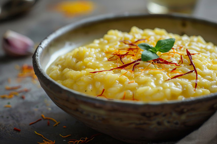 A rustic bowl filled with creamy ris, a Photo by Iftikhar Alam