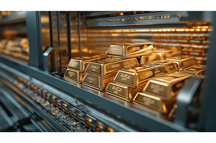 Numerous stacked gold bars stored in, a Finance Illustration by Sergey Kotenev