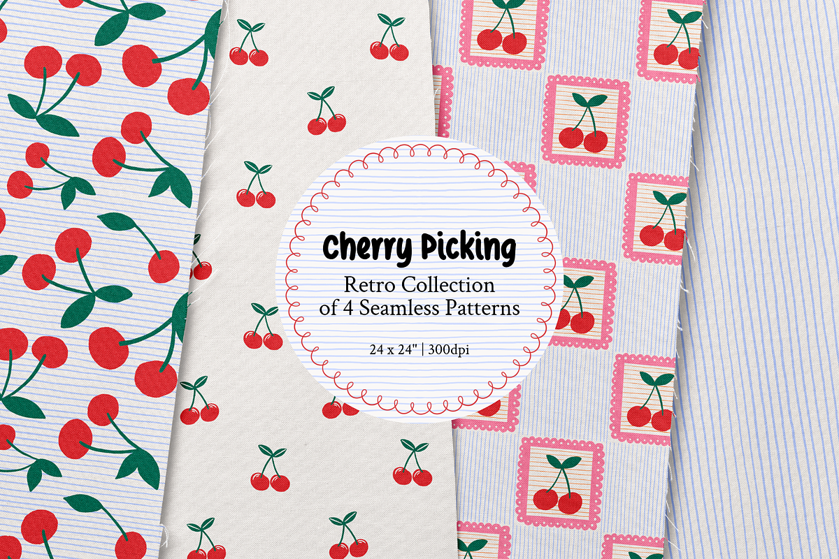 Retro Cherries - 4 Seamless Patterns, a Pattern Graphic by Pesky Cat Studio (Photo 1 of 6)