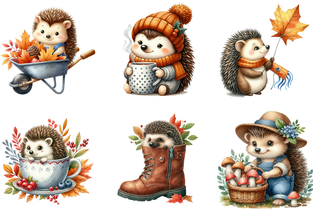 Autumn Hedgehogs Clipart, an Illustration by DreamArtGraphic (Photo 3 of 4)