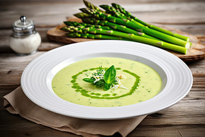 Asparagus cream soup in plate, a Food & Drink Photo by AlyaAnd